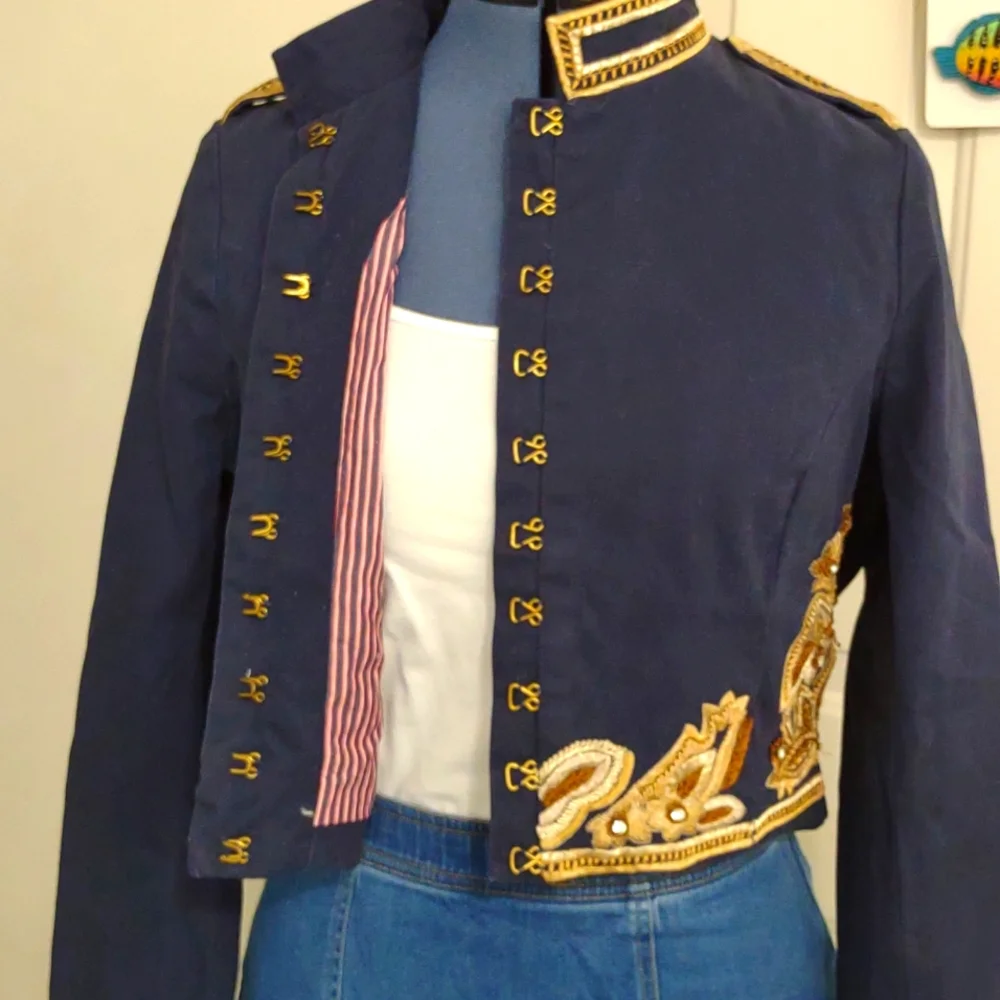 90s Cropped Hussar Jacket – Navy & Gold Statement Military Blazer - Picture 7 of 13